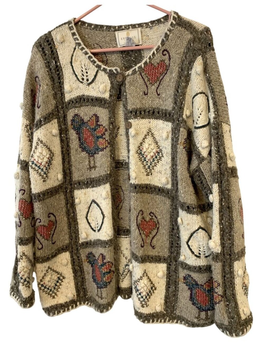 Express Tricot M Angora Blend Hand Knit Cardigan Bird Sweater Cottagecore